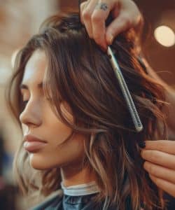 A young women her hair cut and styled, one of the services that The Mane House at Bloomsburys Biddenden in Kent offer.