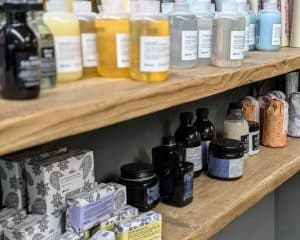 Shelves of Davines hair products at The Mane House in Biddenden, Kent.